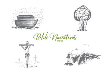 Bible narratives - Noahs ark, Adam and Eve, Jesus Christ vector concept set - obrazy, fototapety, plakaty