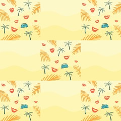 Fototapeta na wymiar Palm trees and bus on the sand. Background for adventure. Palm branches on the sand. Marine background. Summer background. Seamless pattern with palm branch and bus and lips