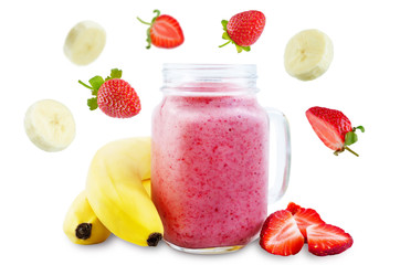 Strawberry banana smoothie on a white background