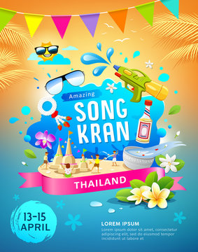 Amazing Songkran festival in thailand this summer colorful poster design background, vector illustration