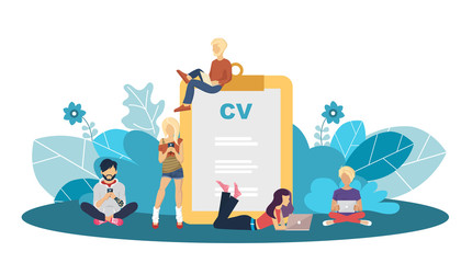 Human resources management concept, searching professional staff, analyzing resume papers, work. Flat vector illustration.