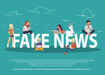 Fake news and and information fabrication concept flat vector illustration of young people reading fake news– stock illustration