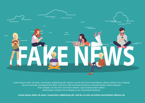 Fake news and and information fabrication concept flat vector illustration of young people reading fake news– stock illustration
