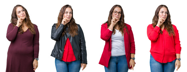 Collage of beautiful plus size business woman over isolated background with hand on chin thinking about question, pensive expression. Smiling with thoughtful face. Doubt concept.