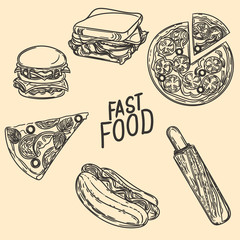 Engraving illustration of fast food.Burger, sandwich, pizza, hotdog, french hotdog.