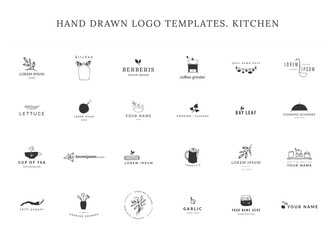 Vector kitchen logo templates set. Hand drawn collection.