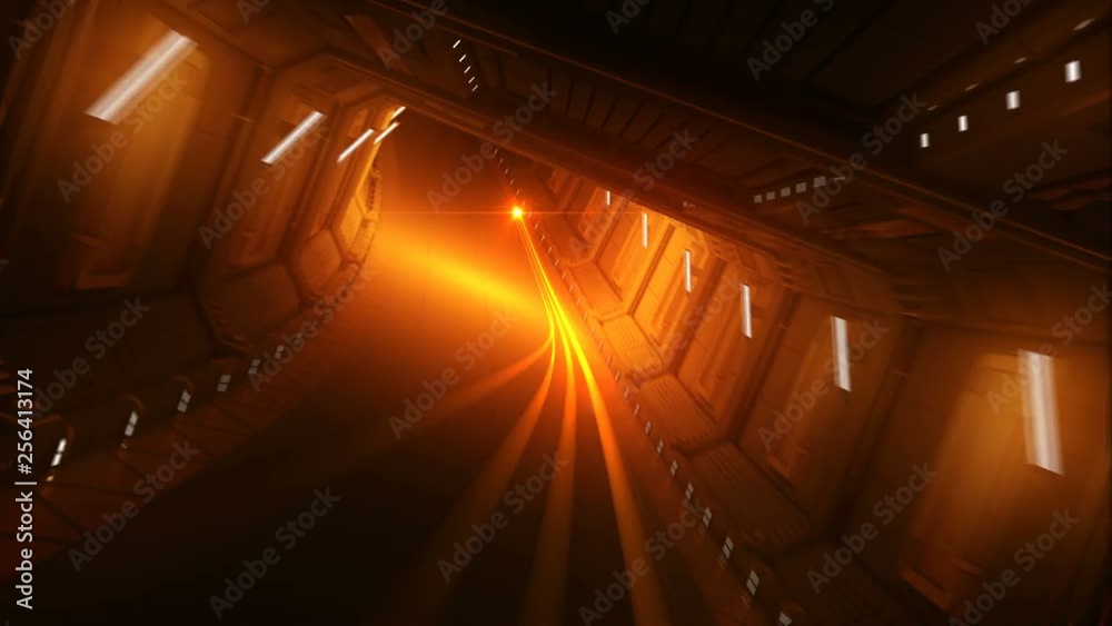 Wall mural orange glowing stroke flying in the abstract spaceship tunnel. beautiful looped 3d animation motion 