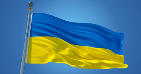 Ukraine flag in the wind against clear blue sky, 3d illustration