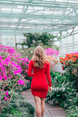  Beautiful girl walks in a greenhouse in blooming azaleas