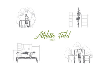 Athletic field - man doing exercises and pulling up on rope on athletic playground vector concept set