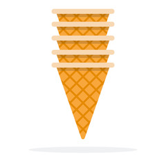Tower of waffle ice cream horns flat isolated