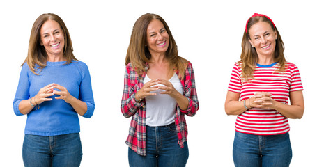 Collage of beautiful middle age woman over isolated background Hands together and fingers crossed smiling relaxed and cheerful. Success and optimistic