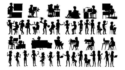 Business People Silhouette Set Vector. Man, Woman. Businessman Profile. Casual Female. Partnership Work. Teamwork Success. Black Isolated On White Illustration