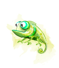 Chameleon funny cartoon character Vector. Cute reptile with big eyes watercolor