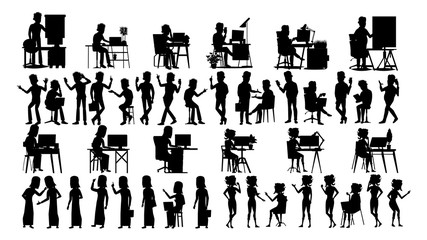 Business People Silhouette Set Vector. Male, Female. Guy Young. Figure Collection. Office Suitcase. Standing Girl. Black Isolated On White Illustration