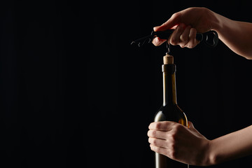 Partial view of woman opening wine bottle with corkscrew isolated on black