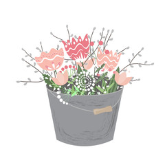Bouquet of spring flowers in bucket isolated on white background. Vector illustration