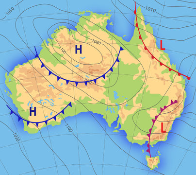 Weather forecast. Meteorological weather map of the AUSTRALIA. Realistic synoptic map Australia with aditable generic map showing isobars and weather fronts. Topography and physical map.