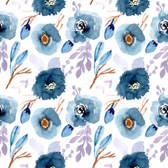 blue brown gray floral watercolor seamless pattern