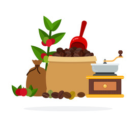 Open bag of coffee beans with a spoon for coffee and manual coffee grinder vector flat isolated