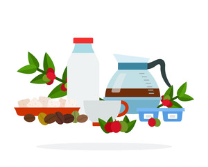 Coffee branch, mug, cream, sugar and roasted coffee beans vector flat isolated