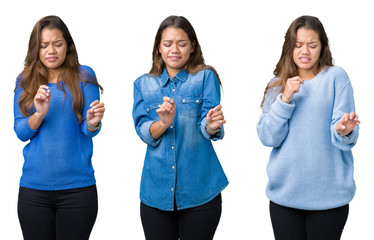 Collage of beautiful young woman over isolated background disgusted expression, displeased and...