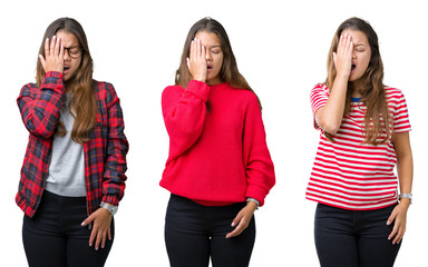Obraz premium Collage of beautiful young woman over isolated background Yawning tired covering half face, eye and mouth with hand. Face hurts in pain.