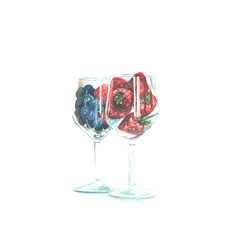 illustration of watercolor strawberries and blueberries in wine glass