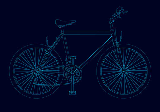 Contour detailed bike of blue lines on a dark background. Side view. Vector illustration