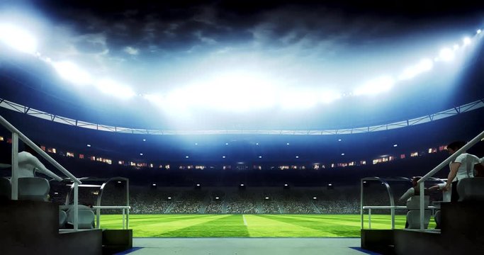 4k resolution footage of a dramatic soccer stadium. The stadium was made in 3d without using existing references. The crowd and light on the stadium are animated.