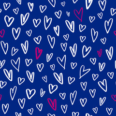 Hand-drawn heart shapes seamless pattern vector blue background