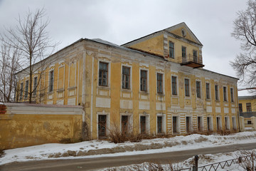 Facade of an old building in the ancient Russian city of Torzhok, Russia