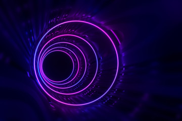 Round tunnel with reflective walls and neon circle illumination 3D Illustration