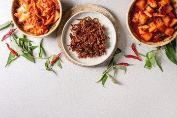 Korean traditional fermented appetizer kimchi cabbage and radish salad, hot spicy anchovies fish snack in ceramic plates with Vietnamese oregano greens over grey spotted background. Flat lay, space.