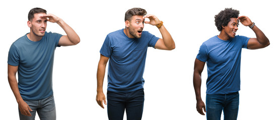 Obraz premium Collage of group of hispanic and african american men over isolated background very happy and smiling looking far away with hand over head. Searching concept.