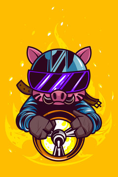 pig race on fire drive with helmet illustration