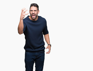 Young handsome man wearing sweater over isolated background angry and mad raising fist frustrated and furious while shouting with anger. Rage and aggressive concept.