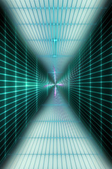 Abstract 3d illustration of information security. Information flows, programming, information coding. Protection and data transfer. Green information network on a black background.