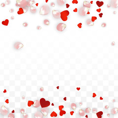 Vector Realistic Petals and Hearts Confetti. Flying Rose and Hearts on Transparent Background. St. Valentine Day Background. Spring Romance Poster. Illustration in Pink for Amour Design.
