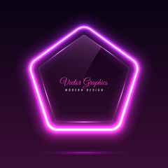 Pentagonal glass banner. Transparent billboard with neon lights. Vector illustration.