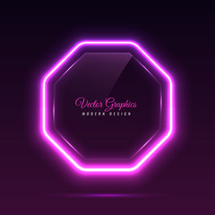 Octagonal glass banner. Transparent billboard with neon lights. Vector illustration.
