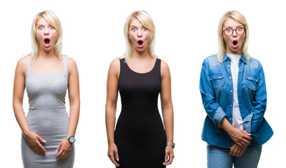 Collage of beautiful blonde woman over isolated background afraid and shocked with surprise expression, fear and excited face.