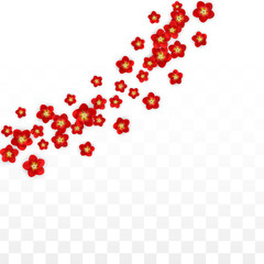 Vector Realistic Red Flowers Falling on Transparent Background.  Spring Romantic Flowers Illustration. Flying Asian Rose Spa Design. Blossom Confetti. Design Elements for Wedding Decoration.