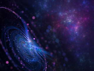 Scientific futuristic 3d illustration on a dark background of the flow of cosmic energy. Extraterrestrial energy and matter in space, its transfer in space. Future technology, research and discovery.