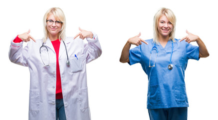 Collage of doctor and nurse woman over white isolated background looking confident with smile on face, pointing oneself with fingers proud and happy.