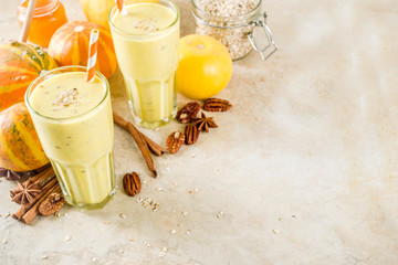 Healthy breakfast, snack. Spicy pumpkin smoothie with pumpkins, pecan nuts, honey, oatmeal, cinnamon, anise. Light concrete background copy space