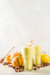Healthy breakfast, snack. Spicy pumpkin smoothie with pumpkins, pecan nuts, honey, oatmeal, cinnamon, anise. Light concrete background copy space