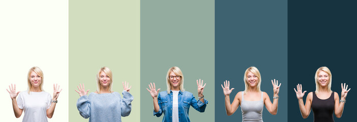 Collage of beautiful blonde woman over green vintage isolated background showing and pointing up with fingers number nine while smiling confident and happy.