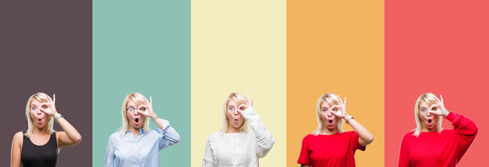 Collage of beautiful blonde woman over vintage isolated background doing ok gesture shocked with surprised face, eye looking through fingers. Unbelieving expression.