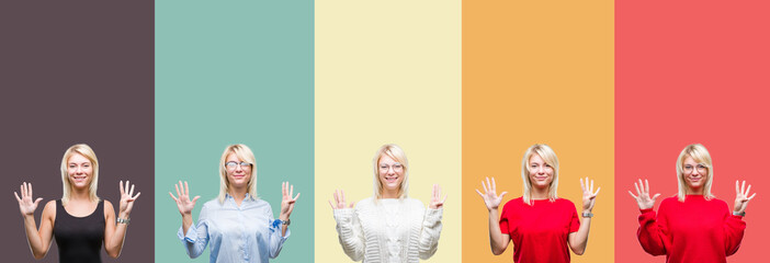 Collage of beautiful blonde woman over vintage isolated background showing and pointing up with fingers number nine while smiling confident and happy.